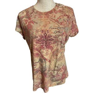 Yukiko Vintage Style XL Boho T-Shirt Rhinestone Embellishment & Floral Design